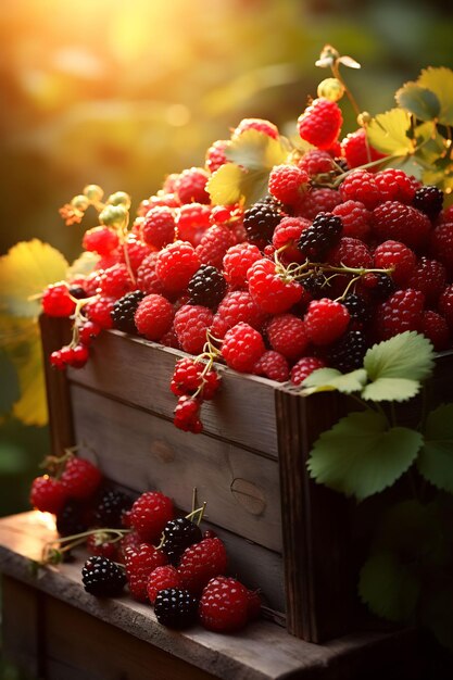 A basket of raspberries with leaves and a wooden box with the words quot the number 5 quot on it