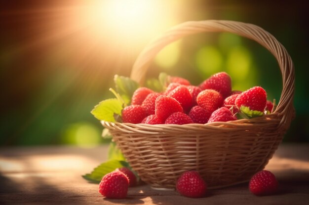 Basket of raspberries on a wooden table with a basket of ripe raspberries