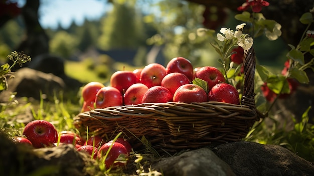 Basket of red apples on green grass in an apple orchard