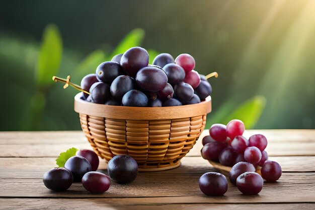 A basket of red and black grapes on a wooden table