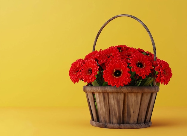 A basket of red flowers with a handle and a handle that says " gerbera ".