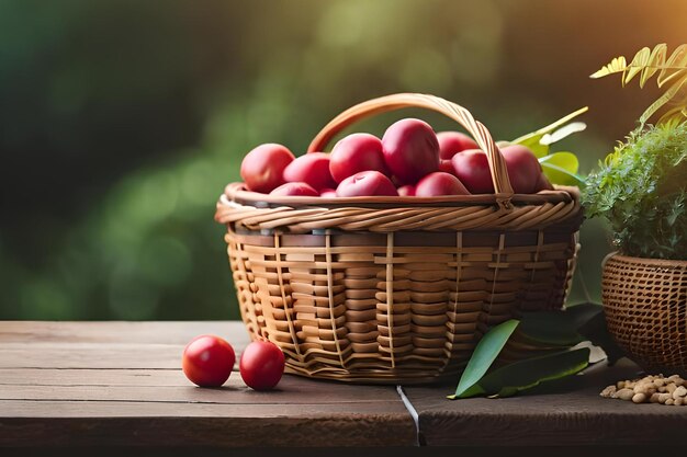 A basket of red plums on a table