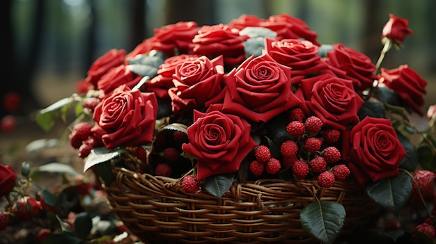木製の背景の赤いバラのバスケット 花の束