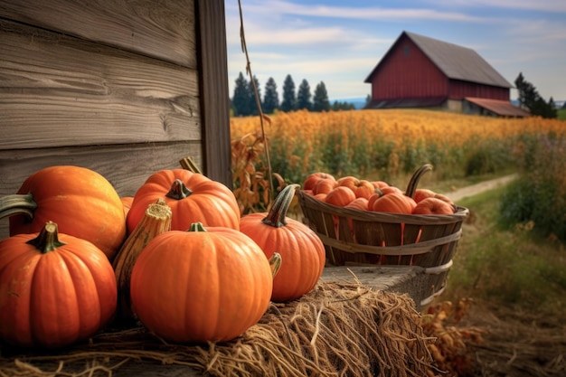 Basket of ripe pumpkins near a wooden fence