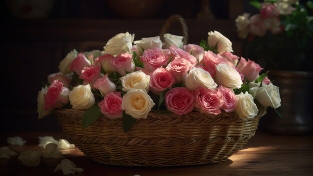 A basket of roses is displayed in a dark room.