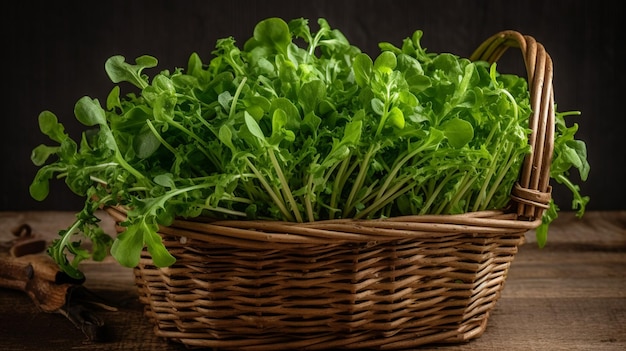 A basket of spinach is shown on a table.