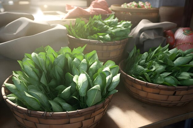 A basket of spinach leaves sits on a table.