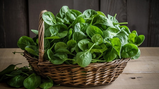 A basket of spinach leaves sits on a table.