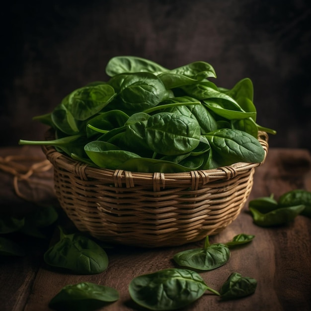 A basket of spinach leaves sits on a table.