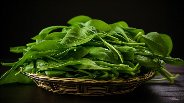 a basket of spinach leaves on a table