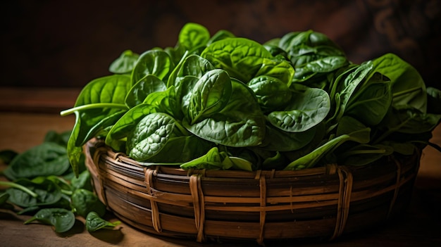 a basket of spinach leaves on a table