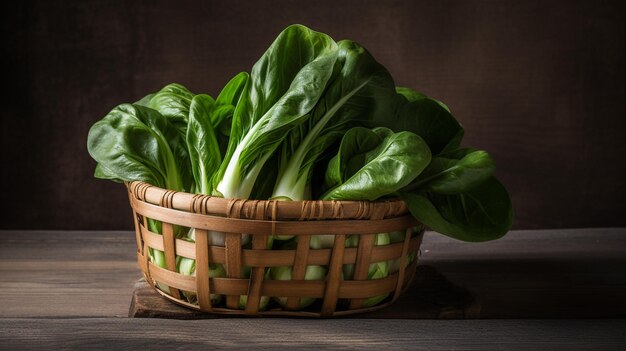 A basket of spinach sits on a table.