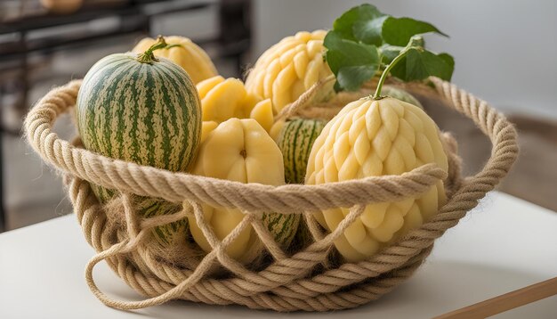 a basket of squash gourds and gourds are displayed