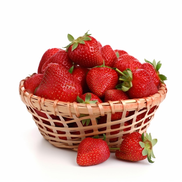 A basket of strawberries is shown with a white background