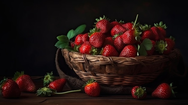 A basket of strawberries with green leaves on the bottom.