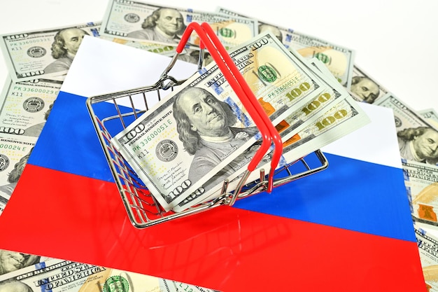 Basket for a supermarket with us dollars on the background of the russian tricolor flag