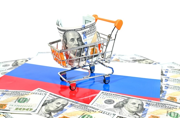 Cestino per un supermercato con noi dollari sullo sfondo della bandiera tricolore russa