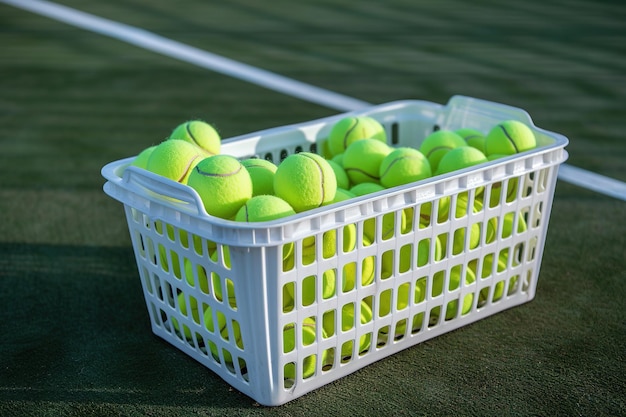 Basket of tennis balls on green court