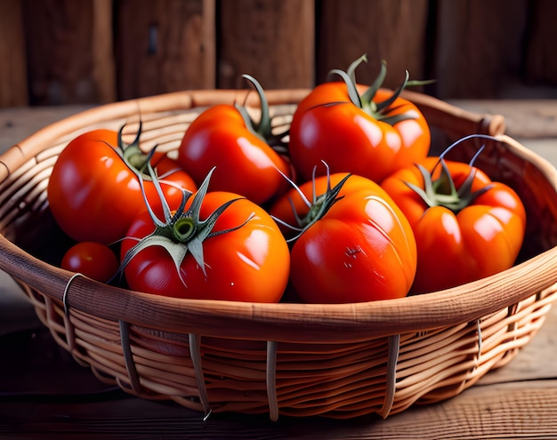 A basket of tomatoes is on a wooden table.