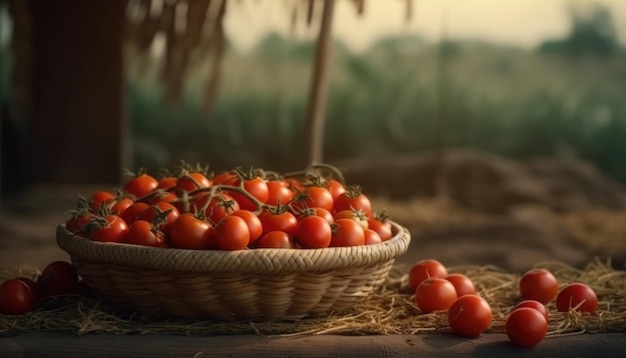 A basket of tomatoes on a rustic table of tomatoes field background Generative AI