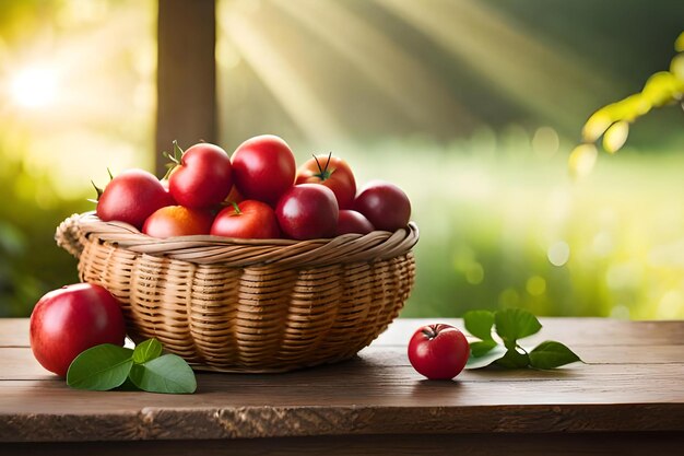 A basket of tomatoes on a table with a green background