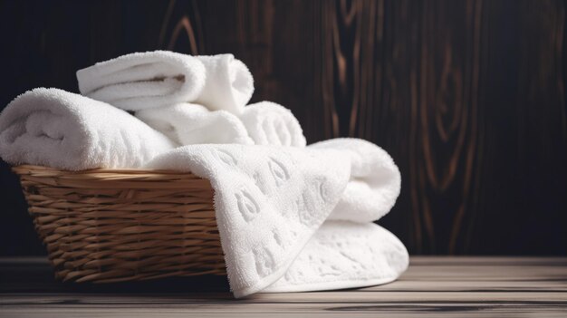 A basket of towels with a white towel on the side