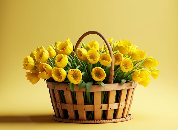 A basket of tulips is on a yellow background.