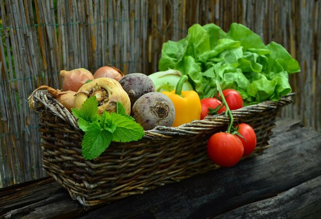 野菜の入ったバスケットと野菜の入ったバスケット。