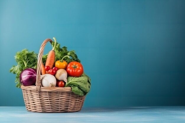 青色の背景に野菜のバスケット