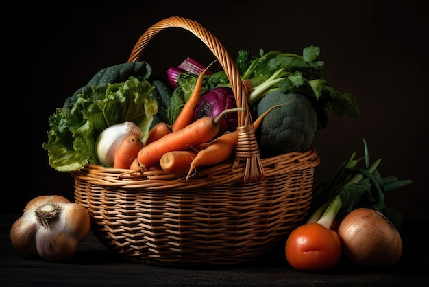 A basket of vegetables on a dark background