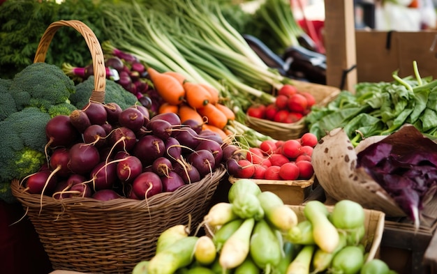 A basket of vegetables at a farmers market