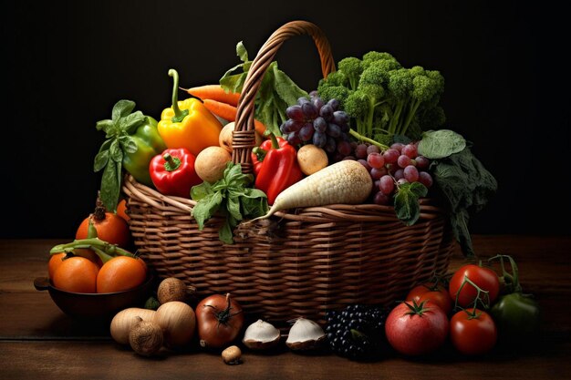 a basket of vegetables and fruits and vegetables on a table