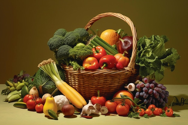 A basket of vegetables and fruits with a green background.