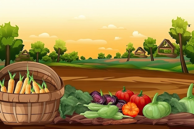 Basket vegetables on ground with farm background