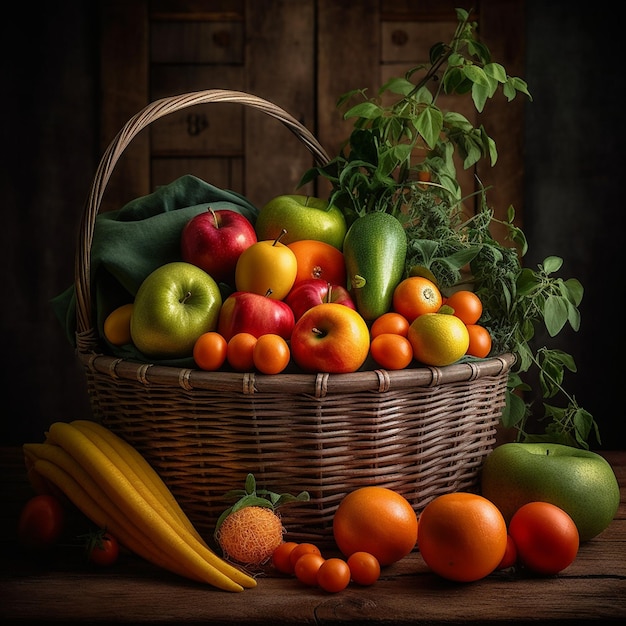 a basket of vegetables including apples, tomatoes, and bananas.