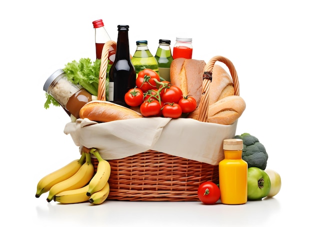 a basket of vegetables including bananas tomatoes and a bottle of juice