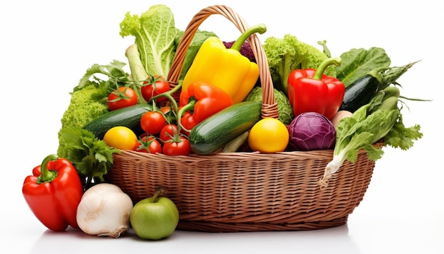 a basket of vegetables including a basket of vegetables and a cucumber
