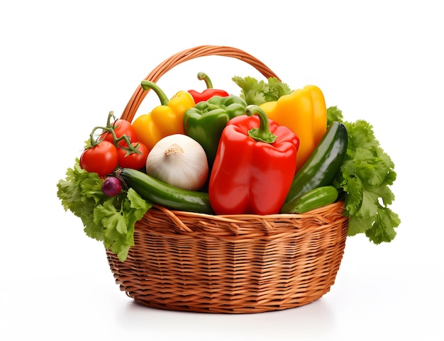 a basket of vegetables including a red pepper lettuce and peppers