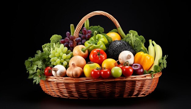 a basket of vegetables including tomatoes broccoli tomatoes and cucumbers