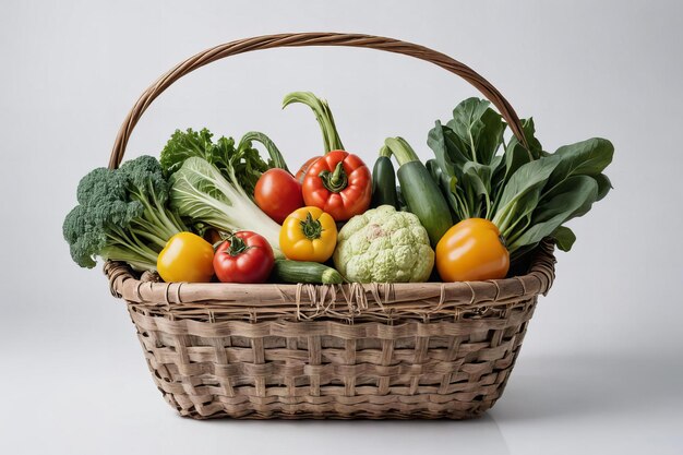 a basket of vegetables including zucchini tomatoes broccoli and cucumbers