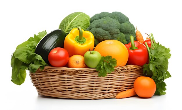 a basket of vegetables including zucchini tomatoes broccoli and peppers