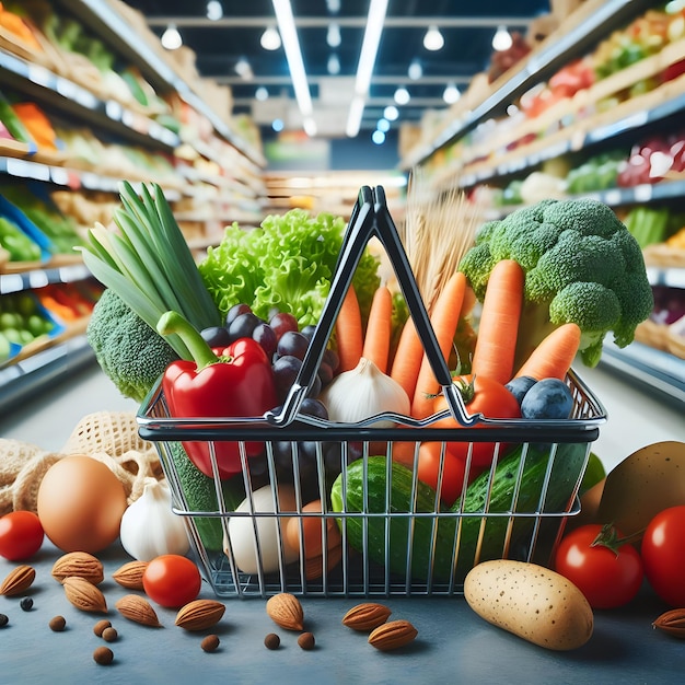 Photo a basket of vegetables is displayed in a grocery store