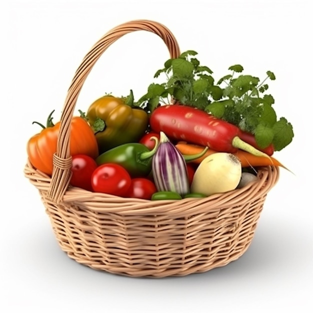 A basket of vegetables is shown with a white background.