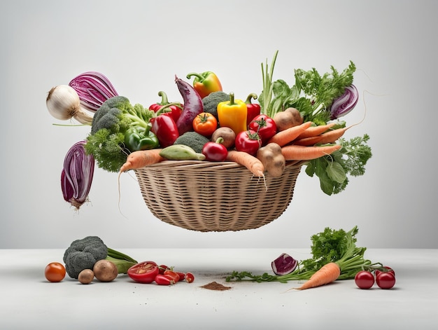 A basket of vegetables is suspended above a table with a bunch of vegetables on it.