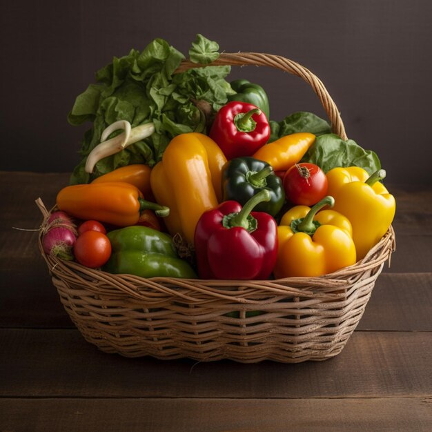 A basket of vegetables is on a table with a dark background.