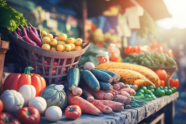 A basket of vegetables on a market table