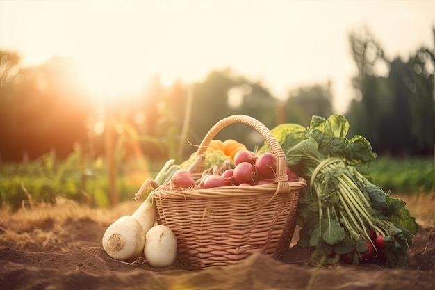 写真 農場の背景を持つ地面にバスケット野菜