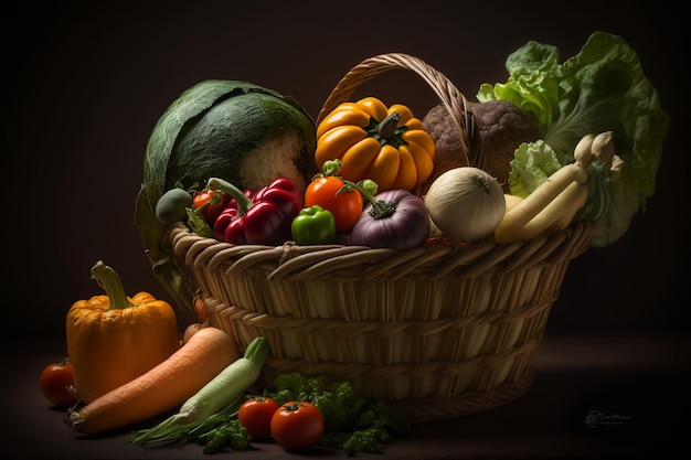 A basket of vegetables and a pumpkin with a dark background