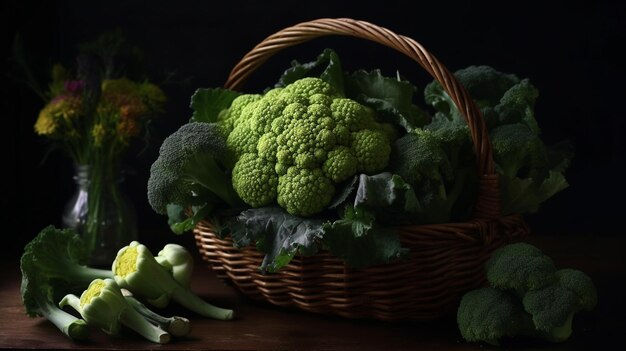 A basket of vegetables on a table with a black background.