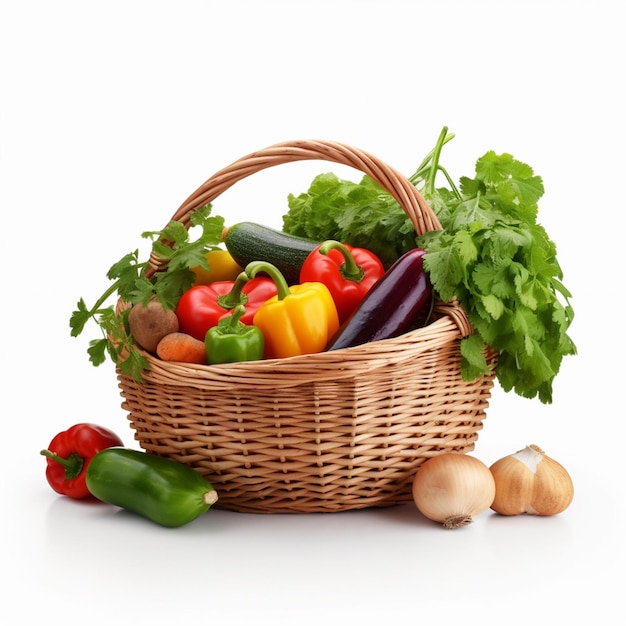 A basket of vegetables on a white background